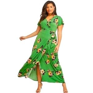 Lane Bryant Dress Size 14/16 Kelly Green Floral Wrap Maxi